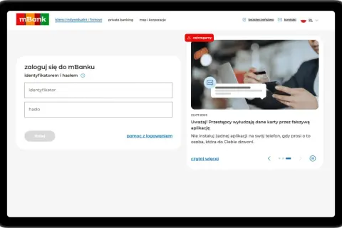 Ekran logowania do mBanku. Formularz do wpisania identyfikatora i hasła. Dowiedz się, jak zmienić identyfikator mBank.