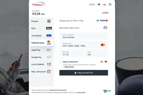 Zaloguj się do Click to Pay, aby zapłacić 59,28 PLN kartą Visa Anny Nowak.