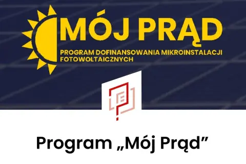 Logo programu "Mój Prąd" z hasłem "Program dofinansowania mikroinstalacji fotowoltaicznych". Dowiedz się, jak złożyć wniosek o dofinansowanie mój prąd.