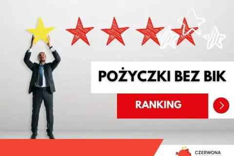 Mężczyzna w garniturze podnosi żółtą gwiazdkę, symbolizując najlepszą ocenę. Obok widnieje napis "Pożyczki bez BIK".