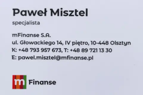 Wizytówka Pawła Misztela, specjalisty mFinanse S.A. w Olsztynie.