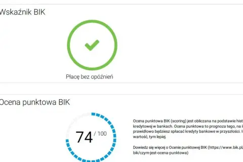 Wskaźnik BIK: zielony znaczek potwierdza, że płacę bez opóźnień. Ocena punktowa BIK to 74/100.