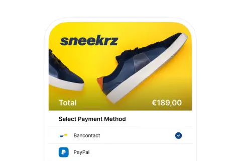 Ekran płatności za buty Sneekrz. Wybierz metodę płatności: Bancontact (zaznaczone) lub PayPal.