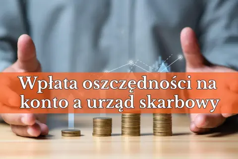 Dłonie otaczają stosy monet, symbolizując wpłatę gotówki na własne konto i jej związek z urzędem skarbowym.