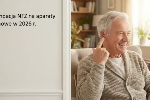 Uśmiechnięty starszy pan z aparatem słuchowym. Dowiedz się, ile wynosi dofinansowanie do aparatu słuchowego z NFZ w 2026 roku.
