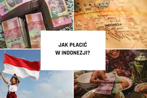 Stosy banknotów rupii indonezyjskich, mapa Indonezji, dziecko z flagą i pytanie: jaka jest waluta na Bali?