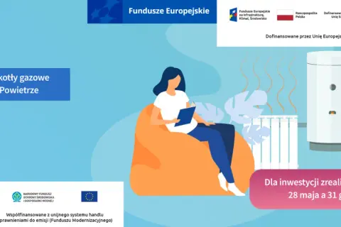 Dowiedz się, jak uzyskać dofinansowanie do ogrzewania gazowego w programie Czyste Powietrze. Ilustracja przedstawia kobietę czytającą książkę obok nowoczesnego kotła gazowego.