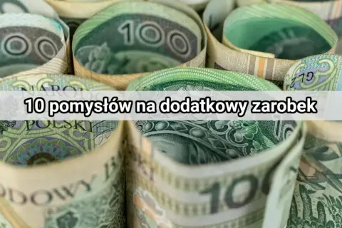 Zwijane polskie banknoty stuzłotowe, z tekstem "10 pomysłów na dodatkowy zarobek".