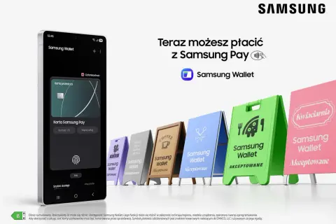 Telefon z aplikacją Samsung Wallet i kartą Samsung Pay. Wiele szyldów sklepów z napisem "Samsung Wallet Akceptowane".