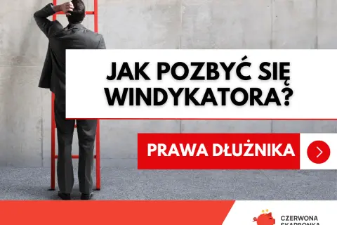 Mężczyzna w garniturze stoi przed drabiną, zastanawiając się, co może windykator chwilówki. Tekst: "Jak pozbyć się windykatora?".