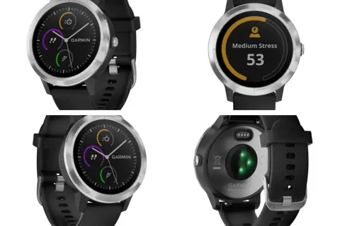 Zegarek Garmin z funkcją Garmin Pay, pokazujący poziom stresu i aktywność.