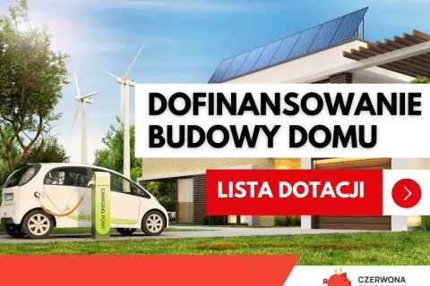 Nowoczesny dom z panelami słonecznymi, samochodem elektrycznym przy ładowarce i turbinami wiatrowymi.