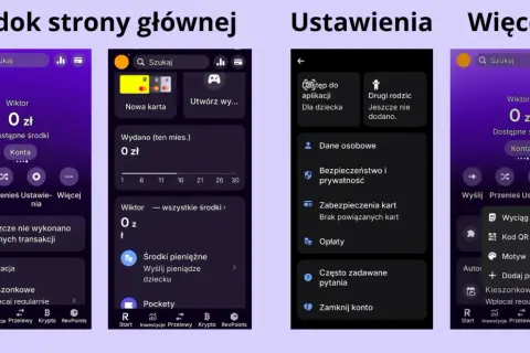 Ekran aplikacji z opcjami dla rodziców i dzieci, w tym zarządzanie kieszonkowym. Revolut kids to funkcja ułatwiająca kontrolę wydatków.