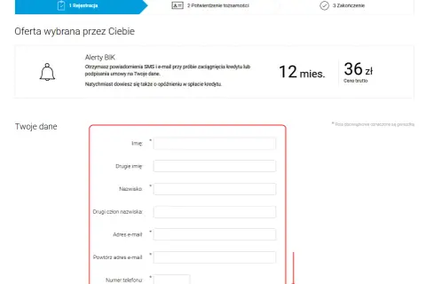 Formularz z danymi osobowymi, gdzie można sprawdzić, czy alerty BIK jest bezpieczny. Wypełniasz imię, nazwisko, adres e-mail i numer telefonu.