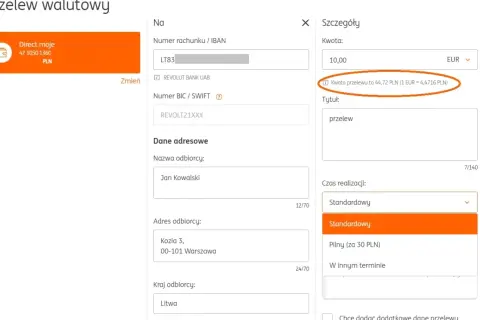 Formularz przelewu walutowego z PLN na EUR. Kwota przelewu to 44,72 PLN.