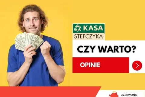 Mężczyzna z pieniędzmi w rękach na żółtym tle, logo Kasa Stefczyka i napis "Czy warto?".