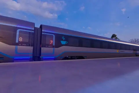 Nowoczesny pociąg PKP Intercity z niebieskimi akcentami i podświetlanymi numerami wagonów na tle nieba.
