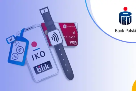 PKO Konto za zero: smartfon, karta Visa i smartwatch z symbolem płatności zbliżeniowych. Wygodne płatności mobilne.