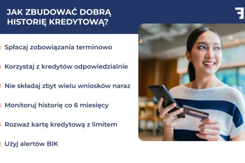 Kobieta z kartą i telefonem uśmiecha się, patrząc w bok. Obok lista porad, jak budować dobrą historię kredytową, w tym używaj alertów BIK.