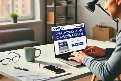 Mężczyzna pracuje przy laptopie, na którym wyświetla się strona Vivus. Czy to bezpieczne? Na biurku leżą okulary, telefon i kubek kawy.