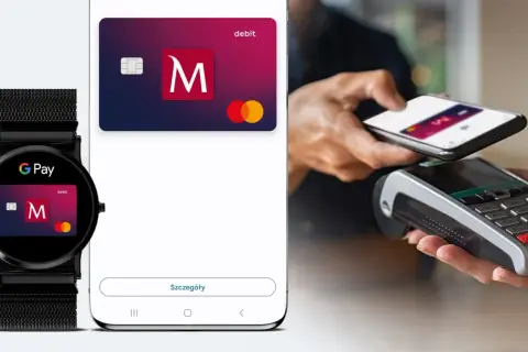 Jak płacić telefonem Millenium? Zegarek i smartfon z kartą zbliżeniową zbliżają się do terminala płatniczego.