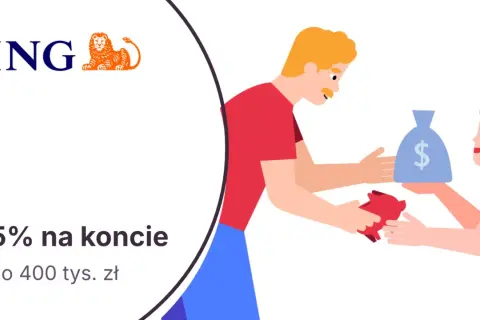 ING oferuje 5% na koncie oszczędnościowym do 400 tys. zł. Para wymienia skarbonkę na worek pieniędzy.