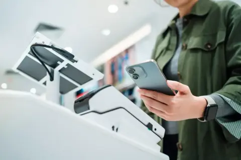 Kobieta zbliża telefon do terminala płatniczego, by spłacić pożyczkę w IKO.