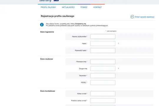 Formularz rejestracji profilu zaufanego. Uzupełnij dane logowania, osobowe i kontaktowe, aby założyć swój profil zaufany przez bank.