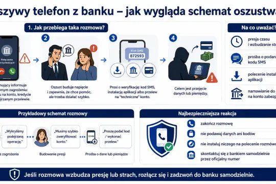 Schemat oszustwa: vishing co to? Telefon od banku, presja czasu, prośba o kod SMS, instalację aplikacji lub przelew. Nie podawaj danych.