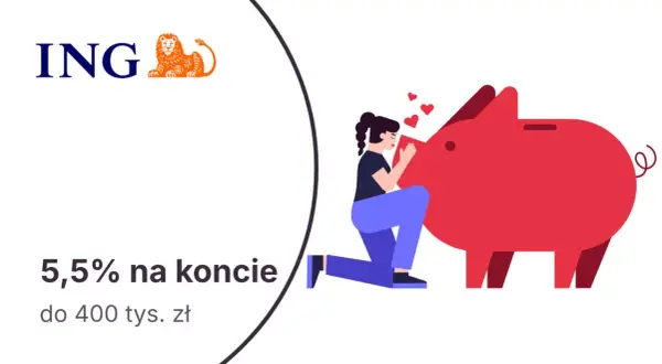 ING oferuje 5,5% na koncie do 400 tys. zł. Kobieta przytula skarbonkę, symbolizując troskę o oszczędności, w przeciwieństwie do mbank.