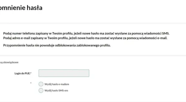 Formularz przypomnienia hasła do PUE. Podaj login, wybierz sposób wysyłki hasła: e-mailem lub SMS-em.