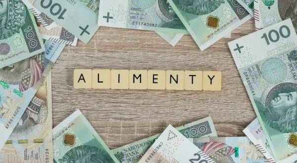 Litery "ALIMENTY" ułożone z kafelków na drewnianym tle, otoczone polskimi banknotami.