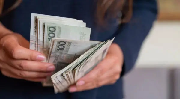Dłonie trzymające plik banknotów 100 zł. Słowacja jaka waluta? Obecnie euro, ale kiedyś był to słowacki korona.