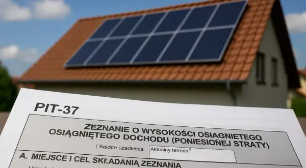 Formularz PIT-37 na tle domu z panelami fotowoltaicznymi. Czy dofinansowanie do fotowoltaiki jest przychodem?