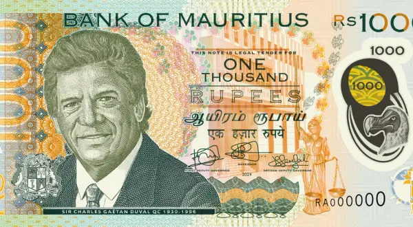 Banknot 1000 rupii z Mauritiusa, przedstawiający Sir Charles Gaëtan Duval. Jaka waluta na Mauritiusie? Rupia.