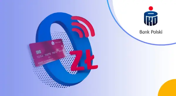 Karta PKO BP i symbol złotówki na tle niebieskiego okręgu. PKO konto dla młodych 13-18 – zacznij oszczędzać!