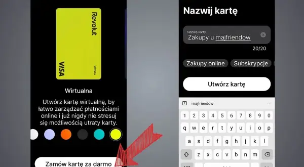 Tworzenie wirtualnej karty Revolut "Zakupy u majfriendow" do łatwego zarządzania płatnościami online.