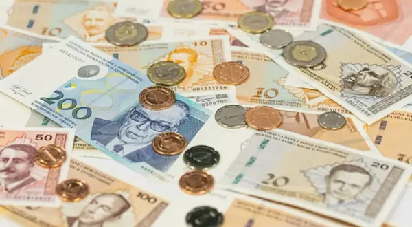 Banknoty i monety Bośni i Hercegowiny: 200, 50, 20, 10 BAM oraz monety.
