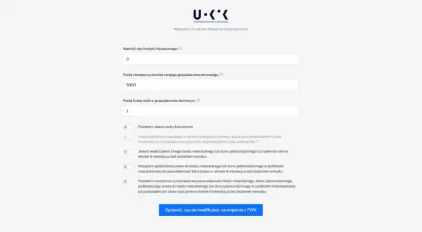 Formularz z polami do wpisania raty kredytu, dochodu, liczby osób oraz opcjami do zaznaczenia.