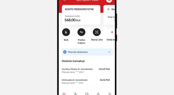 Aplikacja bankowa Peako. Widok pulpitu z dostępnymi środkami i ostatnimi transakcjami. Tu znajdziesz informacje, jak sprawdzić numer klienta Peako.