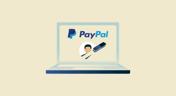 Ilustracja przedstawia laptop z logo PayPal. Obok profilu użytkownika znajduje się gumka, symbolizująca łatwość, jak przelać pieniądze na PayPal.