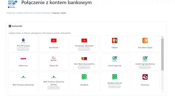 Siatka z logo banków do połączenia z Kontomatikiem: PKO BP, Santander, mBank, ING, Millennium, Pekao, Alior, Credit Agricole, BNP Paribas, VeloBank, Pocztowy.