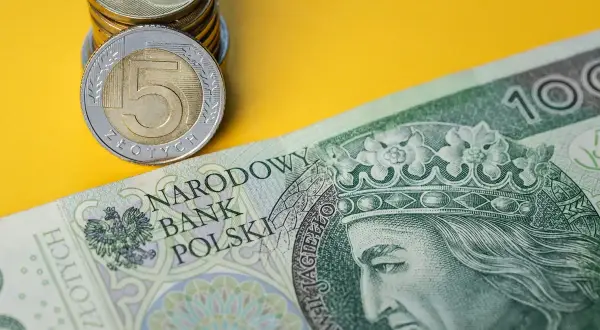 Stos monet i banknotów 100 zł na żółtym tle.