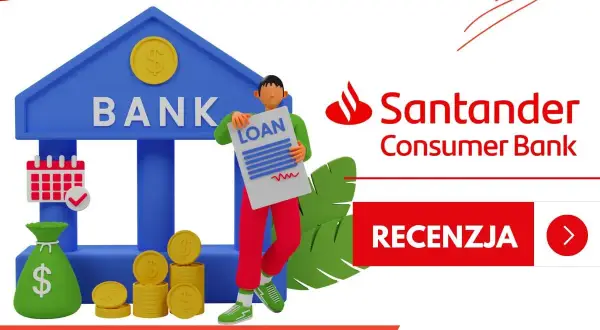 Santander Consumer Bank oferuje konsolidację chwilówek. Grafika przedstawia bank, worek z pieniędzmi, monety i dokument "LOAN".