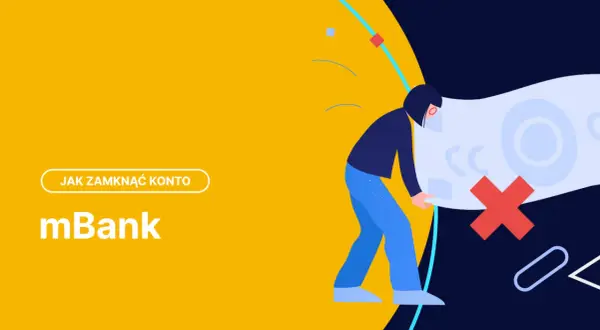 Ilustracja pokazuje, jak zamknąć konto w mBank przez aplikację. Czerwony krzyżyk symbolizuje zamknięcie.