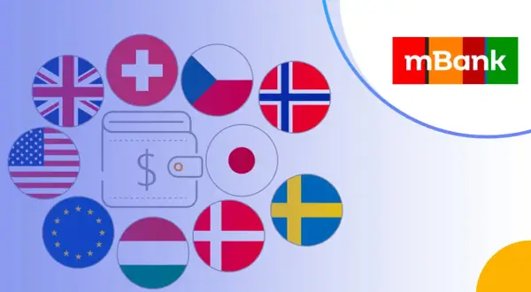 Jak założyć konto walutowe w mBank? Grafika przedstawia portfel z symbolem dolara otoczony flagami różnych krajów, sugerując międzynarodowe możliwości finansowe.