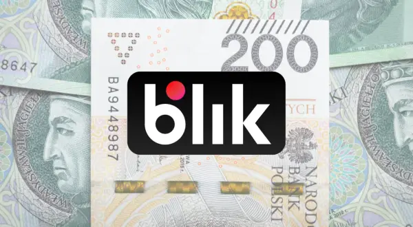 Jak zmienić limit dziecku w PeoPay? Logo Blik na tle banknotów 200 zł.