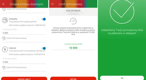 Jak zmienić limit w mBank aplikacji? Widok ustawiania tymczasowego limitu płatności w sklepie na 10 000 PLN.