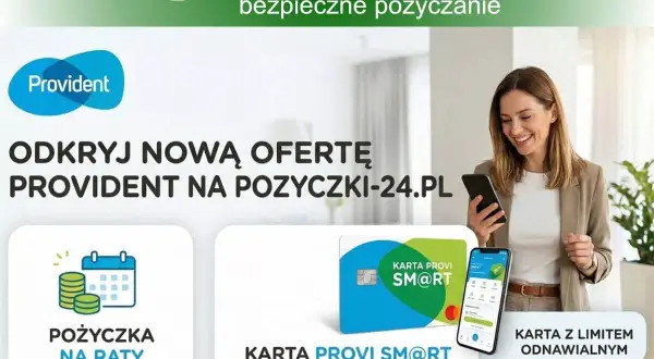 Kobieta z telefonem, logo Provident, ikony pożyczki na raty i karty Provi SM@RT.