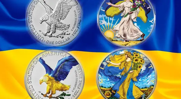 Monety z USA: orzeł i postacie kobiece na tle flagi Ukrainy. Jaka jest waluta w USA? Dolar amerykański.